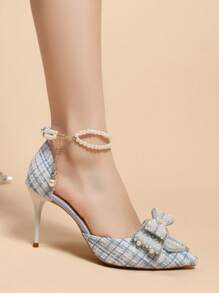 Giày cao gót mũi nhọn đính pha lê đính nơ thời trang xuân hè 2025 quai trong suốt kiểu Pháp, thanh lịch, giày cao gót nữ, trang phục dự tiệc sang trọng - Màu xanh lam - Xem 5