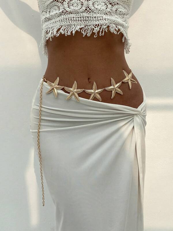 1 peça Ocean Vacation Style Geometric Crosschain Starfish Shell Decor Corrente de cintura, Elegante Luxo Festa de fim de ano Mulheres Versátil Sexy Corpo Corrente