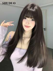 SHUDUO 1 件合成耐热直发假发黑棕色假发，24 英寸长，带刘海，由适合日常使用的纤维制成，自然逼真的假发（不含配件）
