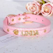 Individuell gestaltetes glitzerndes Strass-Buchstaben Design Haustierhalsband, verstellbares Leder-Identifikations-Hundehalsband für kleine bis mittlere Hunde, Anti-Verlust