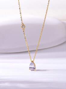 1 件时尚欧美简约 S925 纯银水滴方晶锆石吊坠项链，适合女性、度假、约会、日常佩戴、周年纪念、节日、开斋节礼物 - 金色 - 查看 2
