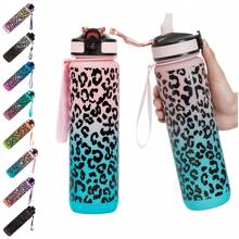 1 件 34 盎司/1000 毫升耐用渐变豹纹印花玻璃杯，带盖和吸管，防漏，便携，带编织手柄，一键打开盖子，防溢，适用于户外运动、骑自行车、健身、学校、生日、复活节、独立日、妇女节、母亲节、情人节、圣诞节、万圣节礼物 - 彩色 - 查看 4