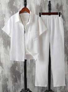 2 Pieces Tween Boy Loose Casual Jacquard Stripe Woven Shirt And Pants Pocket Set - White - View 1