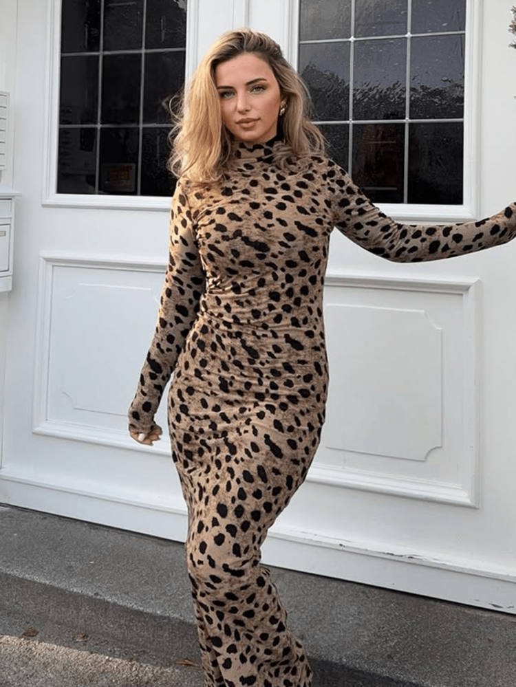 Jeta Ari 优雅大胆豹纹图案高领连衣裙 - 駝色 - 查看 2