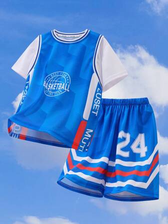 Boys' Basketball Uniform Sports Set, Short Sleeve Top & Shorts