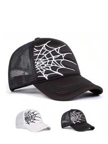1pc Y2K Style Embroidered Spiderweb Strap Mesh Trucker Cap, Breathable Adjustable Golf Sun Hat For Men And Women, Summer Fashion Brimmed Sun Cap - Baseball Cap - View 1
