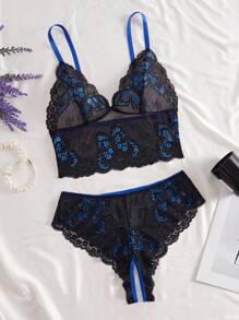 2 件套女士性感内衣套装，蕾丝杯无钢圈文胸和开裆内裤，蝴蝶图案，舒适贴身内衣，情侣贴身卧室服装，春夏 - 藍色 - 查看 3