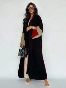 撞色饰边休闲中东风格长袖长袍，端庄的阿巴亚 - 紅色 - 查看 1