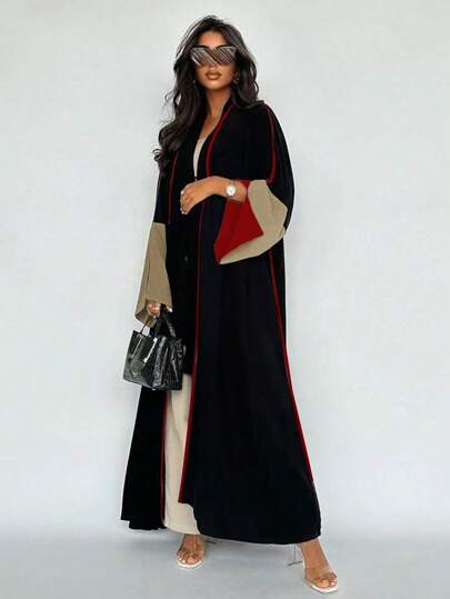 Bata de manga larga de estilo casual del Medio Oriente con ribete de contraste, abaya modesta