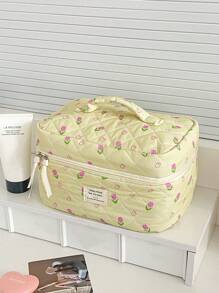 Bolsa de maquillaje de tela suave con patrón floral sobre fondo amarillo, con cierre de cremallera. Bolsa de almacenamiento linda para cosméticos, artículos de tocador, uso doméstico, viajes y mujeres