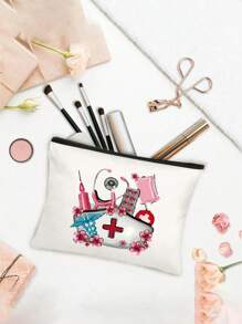Sac de rangement thème infirmière, sac de beauté, trousse de maquillage avec motif de casquette d'infirmière, tube à aiguille, pilule, sac de perfusion, stéthoscope - Un cadeau parfait pour les infirmières ! Peut ranger les cosmétiques, les outils de beauté, le vernis à ongles, les pilules et d'autres articles, adapté pour sortir