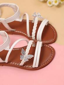 1 Pair Beige Plus Size Girls' Flat Sandals, PU Strap Woven Design With Rhinestone, Pearl & Butterfly Decor, Elastic Back Strap, Round Toe Open Toe Non-Slip Fashion Cute Black Sandals, Suitable For Girls Aged 3-15 For Daily, Casual, Holiday Wear, Summer 2025 New Arrival - Beige - View 5