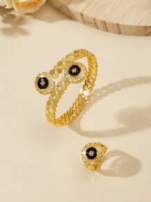 Mgyi Gold-Colored Copper Fashionable And High-End Luxury Retro Jewelry Set For Women,18K Gold Plated Elegant Luxury Square Design Bracelet,Ring For Women, Suitable For Nigeria, Dubai, Middle East, Saudi Arabia Bridal Wedding, Daily Wear, Wedding Anniversary Gift, Halloween Gift For Friends - Gold - View 2