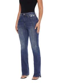 Plus Size Women Straight Leg Jeans High Rise Slit Hem Bootcut Stretchy Denim Pants Casual Daily