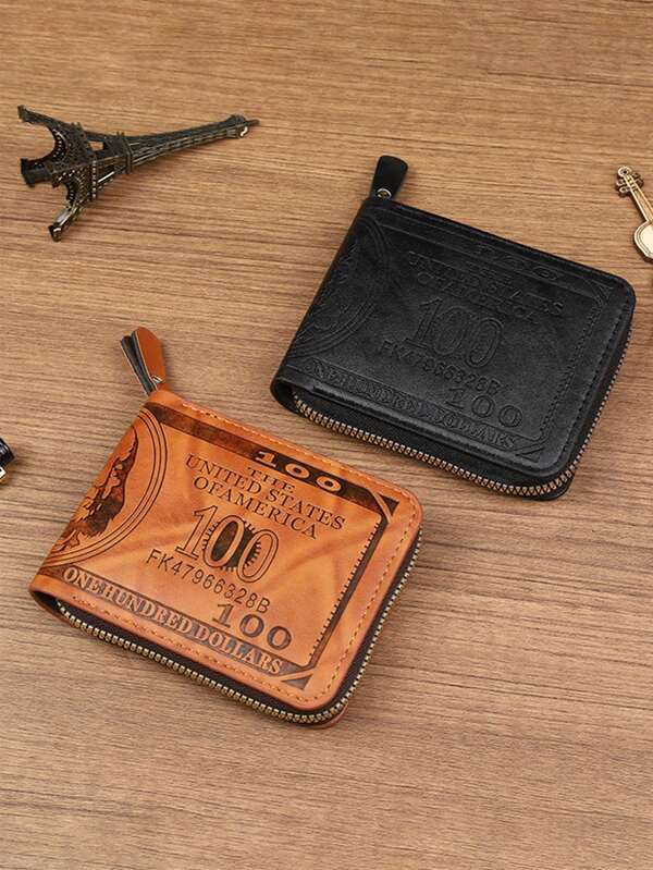 1 pieza Billetera casual de moda para hombre, estilo retro con estampado de USD, bolsa con cremallera corta de PU, ultraligera, monedero multifuncional, fácil de llevar, adecuado para adolescentes, casual de verano, al aire libre, deportivo, viajes, regalos de graduación o cumpleaños, accesorios formales/de negocios, ideas para el Día de San Valentín