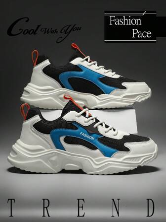 男士时尚舒适厚底减震透气轻便休闲运动鞋，黑白时尚系带皮革拼接，适合青少年、街头时尚、户外活动、防滑跑鞋