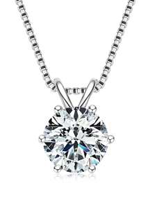 XUJIA 1件925银8毫米（2克拉）圆形莫桑石吊坠项链，女士经典时尚六爪吊坠项链，珠宝礼品，适合情侣佩戴