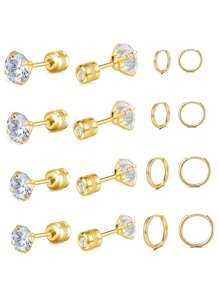 16 件套旋入式医用不锈钢耳钉和环状耳环套装女士男士 AAA 方晶锆石软骨耳环防过敏多个穿孔适合男士女士敏感耳朵 - 耳飾套裝 - 查看 3