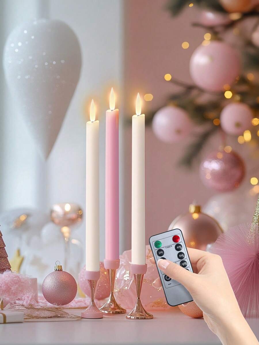 無焰遙控定時或可調光蠟燭,LED閃爍蠟燭台,電池供電窗戶蠟燭,遙控10鍵閃爍蠟燭,窗戶蠟燭,情人節禮物,新年禮物,感恩節壁爐裝飾,居家婚禮裝飾,萬聖節,復活節,節日派對,聖誕電子蠟燭 - 粉色 - 查看 1
