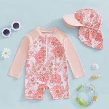 Toddler Baby Girl One Piece Swimsuit UPF 50+ Sun Protection Long Sleeve Rash Guard Bathing Suit Swimwear Sunhat Set - Dusty Pink - View 1