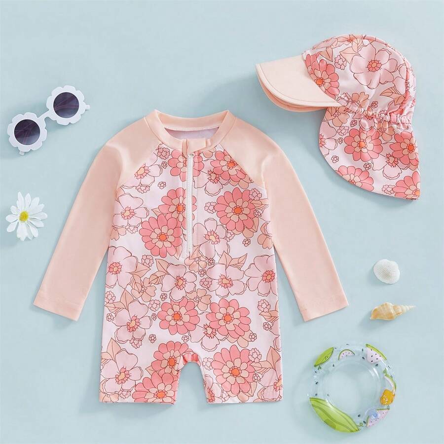 Toddler Baby Girl One Piece Swimsuit UPF 50+ Sun Protection Long Sleeve Rash Guard Bathing Suit Swimwear Sunhat Set - Dusty Pink - View 1