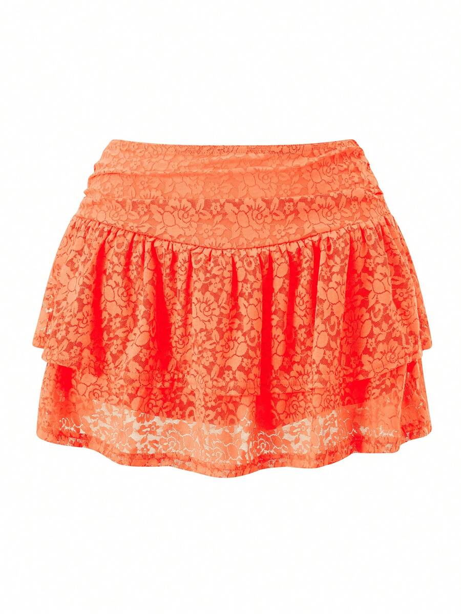 Women Tiered Ruffled Short Skirts Floral Lace Sheer Mid Rise Lined Cute Flowy Mini Skirts - Orange - View 1