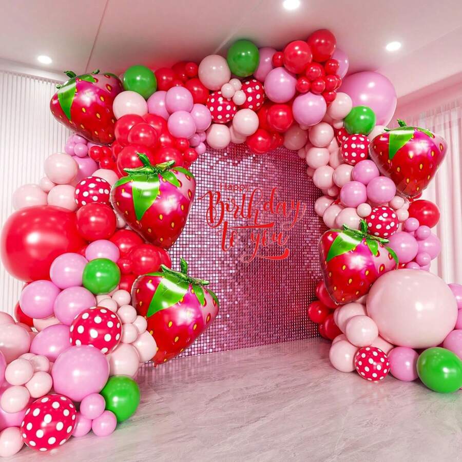 143 Stücke Erdbeere Ballon Bogen Set, rote und rosa grüne Ballons mit Erdbeere Ballon Girlande Bogen Set für süße Prinzessin Beeren erste Geburtstag Erdbeere Themen Baby-Shower Geburtstags Party Dekoration Set