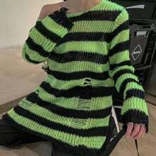 New Goth Punk Gothic Sweater Oversized Pullovers Women Striped Cool Hollow Out Hole Broken Jumper Harajuku Aesthetics Sweater - 藍色 - 查看 7