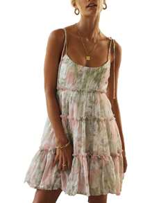 Vestido de tirantes con volantes florales para mujer, estilo casual de verano. Vestido de corte A con volantes y estampado floral, plisado y falda acampanada, ideal para un look casual de verano. - Rosa - Ver 1