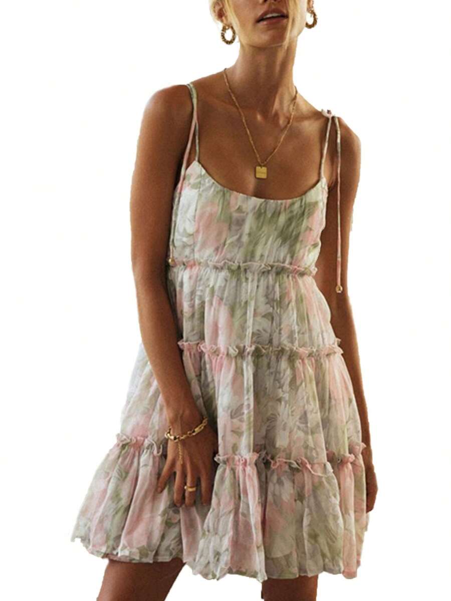 Vestido de tirantes con volantes florales para mujer, estilo casual de verano. Vestido de corte A con volantes y estampado floral, plisado y falda acampanada, ideal para un look casual de verano. - Rosa - Ver 1