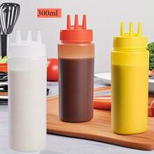 3pcs 3-Hole Extrusion Bottle, Ketchup Extrusion Plastic Condiment Extrusion Bottle, Sauce Ketchup Mustard Syrup Barbecue, Kitchen Crafts Extrusion Bottle