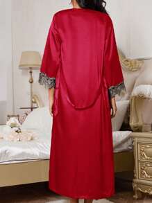 Women's Satin Long Robe And Lace Trim Nightgown Set - Red - View 2
