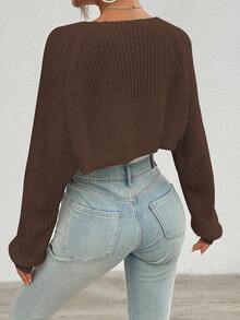 Áo cardigan ngắn tay raglan màu trơn, chất liệu dệt gân, kiểu dáng thường ngày. - màu nâu - Xem 2