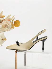 Zapatos de tacón alto con puntera abierta, combinación de dos colores, lazo incrustado, correa trasera, tacón alto delgado, adecuados para el trabajo y fiestas