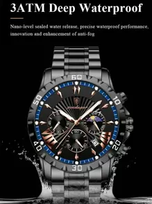 POEDAGAR Fashionable Stainless Steel Quartz Watch For Men, With Calendar Function, 30M Water Resistant, Chronograph Sub-Dial, Suitable For Birthday/Holiday Gift And Casual Daily Wear - Blue - View 6