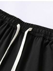 Teen Boy Drawstring Waist Zipper Pocket Fashionable Versatile Casual Shorts - Black - View 3