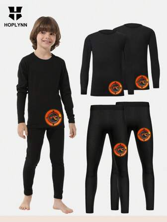4pcs Tween Boy Winter Thermal Compression Underwear Double-Sided Fleece Top Pants Suit