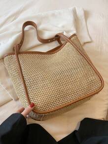 1 peça bolsa de ombro de palha trançada cáqui de grande capacidade, bolsa tote simples da moda adequada para mulheres, férias, compras, uso diário - Caqui - Ver 4