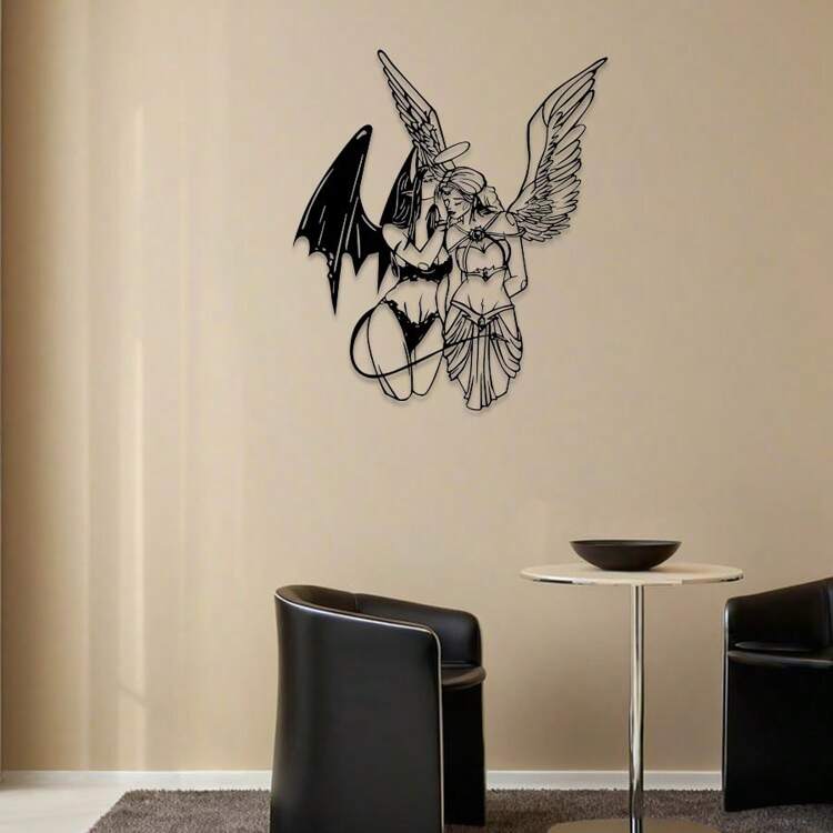1 peça Angel & Devil Embrace Metal Wall Art, decoração preta minimalista com acabamento lavável, perfeita para quarto ou sala de estar, presente exclusivo para amantes de anjos e demônios, decoração de arte de parede de metal - Multicolorido - Ver 6
