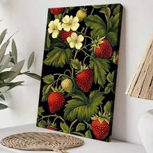 1pc Framed Canvas Wall Art Poster Abstract Digital Realism Colorful Modern Pattern Flowers Leaves Vibrant Realistic Digital Art Techniques Attention To Detail Strawberry Strawberries And Flowers On A Black Background Wall Art For Living Room Bedroom Bathroom Kitchen Apartment Hotel, Artful Home Decoration - Framed, Vertical
