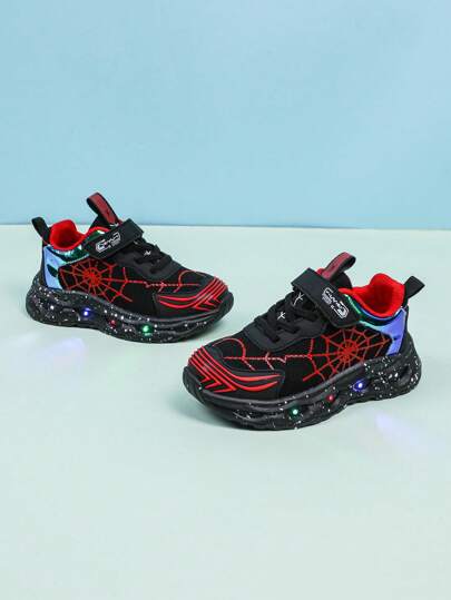 1 Pair Fashion LED Glowing Spider Web Design Breathable Sports Shoes, Suitable For Boys And Girls - Casual, Shock Absorbing, Non-Slip Outdoor Running And Walking Shoes For All Seasons
