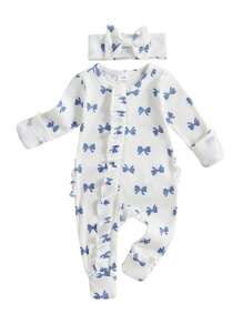 Baby Girl 2Pcs Fall Outfits Ruffle Long Sleeve Bow Print Jumpsuit With Headband Set Newborn Clothes - White - View 1