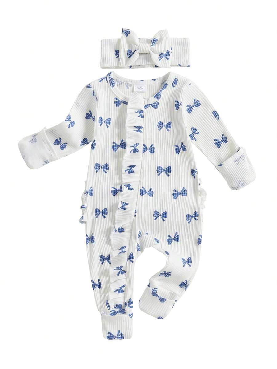 Baby Girl 2Pcs Fall Outfits Ruffle Long Sleeve Bow Print Jumpsuit With Headband Set Newborn Clothes - White - View 1