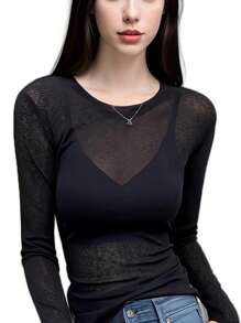 Women's Sheer Long Sleeve T-Shirt - Elegant Stretchy Polyester Tops With Lace Detail, Fitted Crew Neck Casual & Formal Lightweight Shirts, Suitable For Spring Summer, Casual & Chic Top | Crew Neck Top | Stretchy Fabric