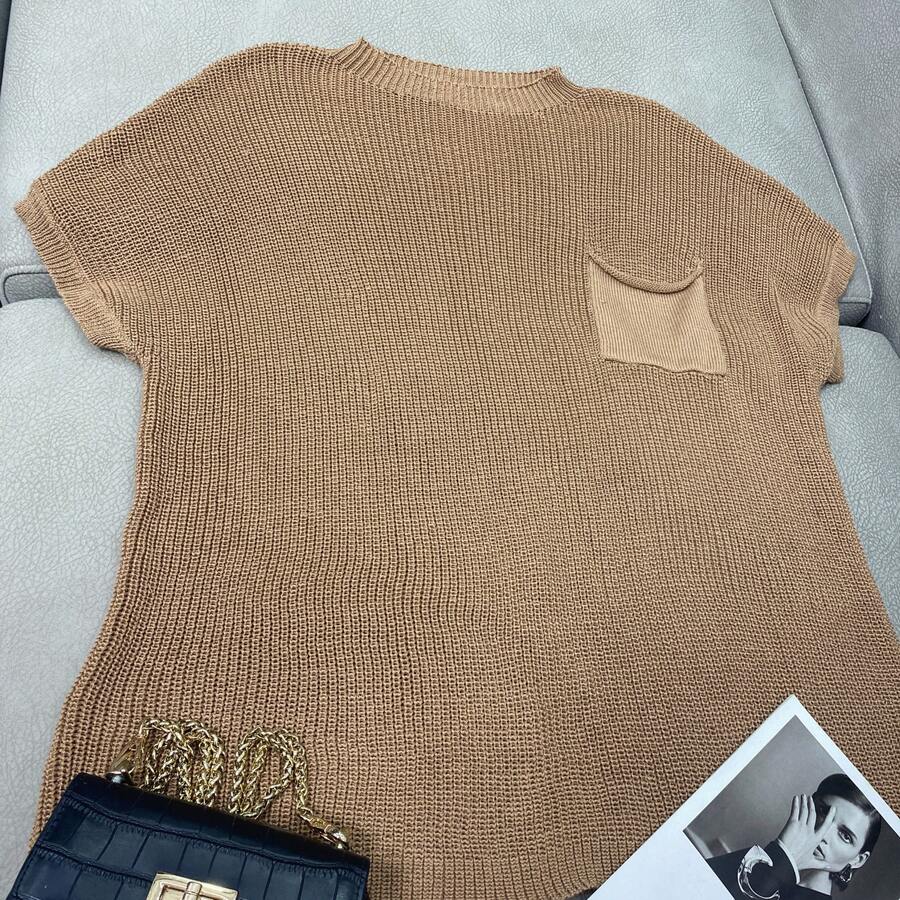 1pc Casual Loose Pocketed Floral Print Knit Sleeveless Vest, Spring/Autumn - Orange - View 1