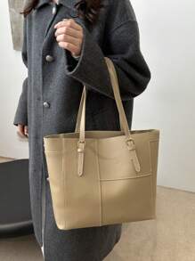 A Retro Fashion Large Capacity Tote Bag, Zip Opening, Stitching, Solid Colour Soft Surface, Lightweight Shoulder Bag. Suitable For Ladies Daily Life Leisure, Commuting, Holiday, Work Use