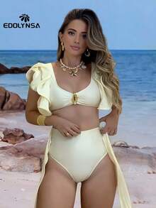 Solid 3 Piece Bikini Sets Sexy Halter Swimsuit Ruffle Cute Swimwear 2025 Summer Beach Vintage Bikini Set