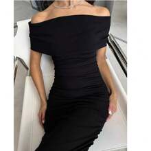 Vestido de noche formal para mujer, elegante, con hombros descubiertos, sin mangas, con abertura alta, fruncida,Vestido largo de satén con hombros descubiertos y espalda fruncida para mujer, sin tirantes, sin mangas, ajustado para dama de honor