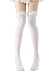 1 Pair Bow Lace Over The Knee Socks, Suitable For Wearing With Mini Skirts, Y2k