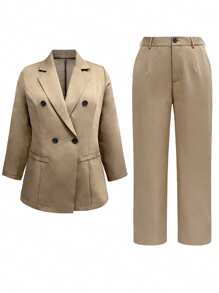 Plus Size Women Double Breasted Suit Set - Khaki - View 3